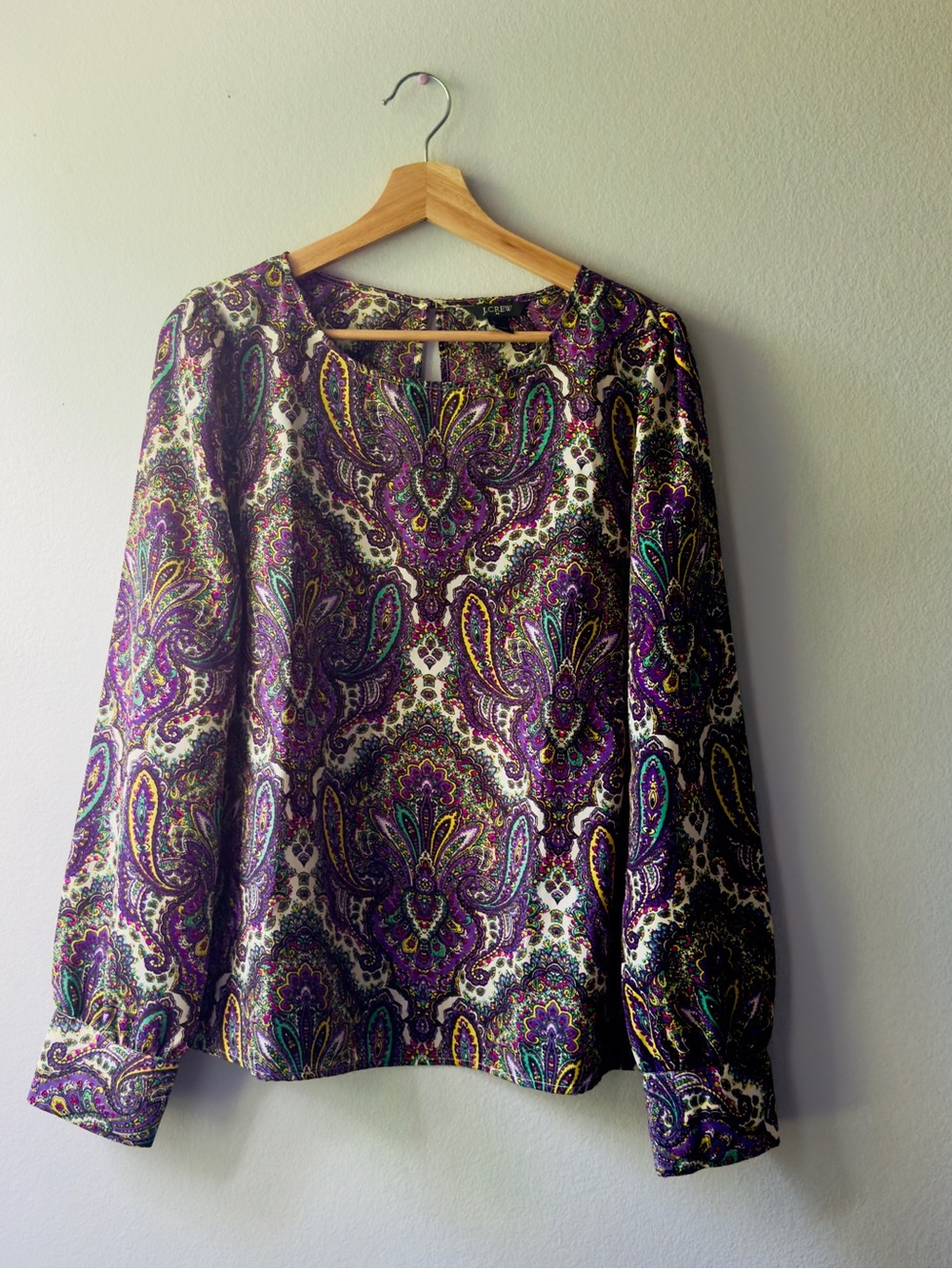J. Crew Purple Paisley Long-Sleeve Blouse with Teal & Cream Accents